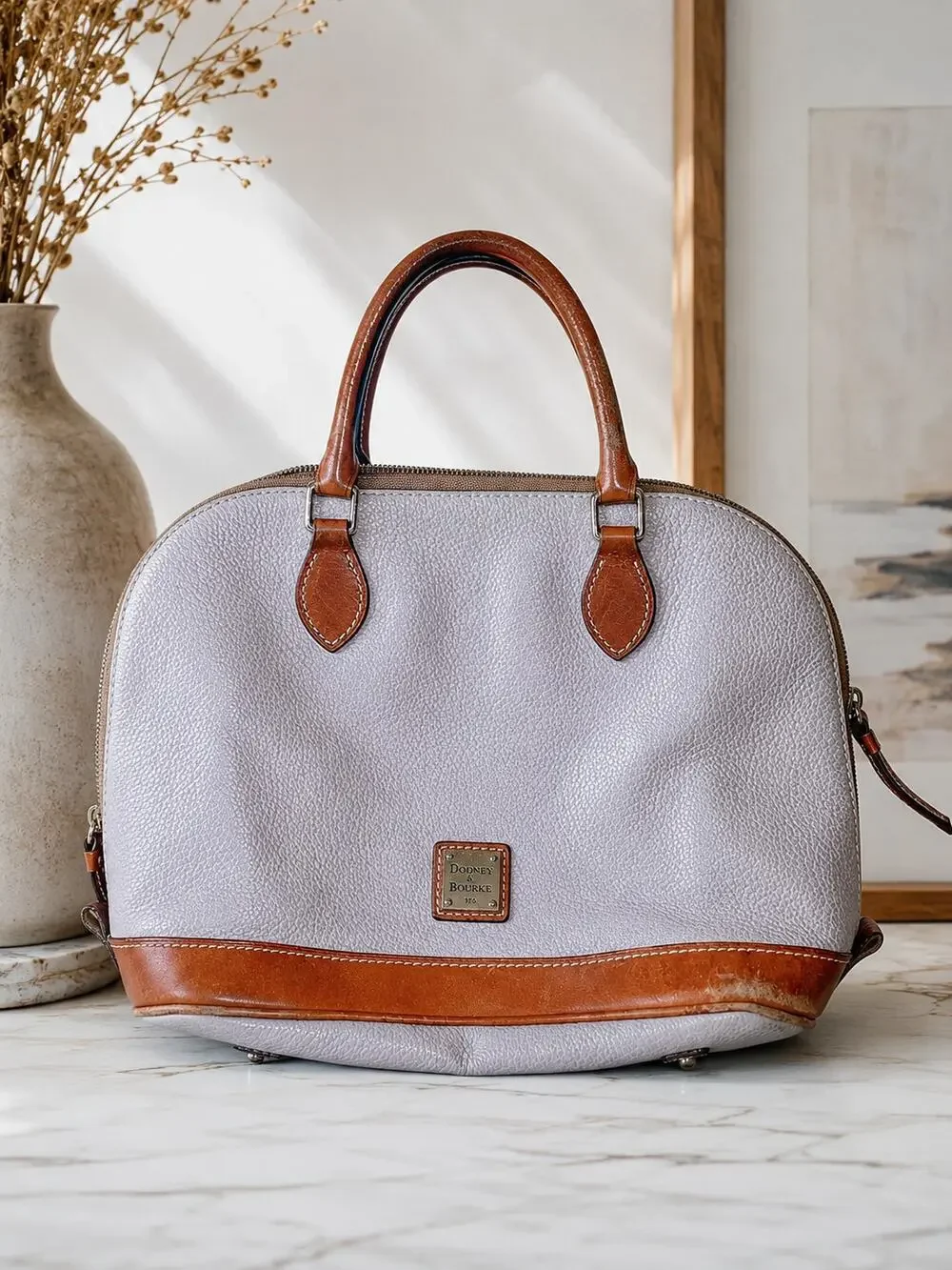 DOONEY & BOURKE Pebbled Grain Leather Zip Satchel Gray Brown Handbag Purse